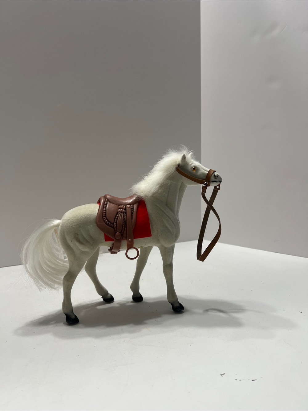White Play Horse Figure with Red Saddle and Brown Bridle